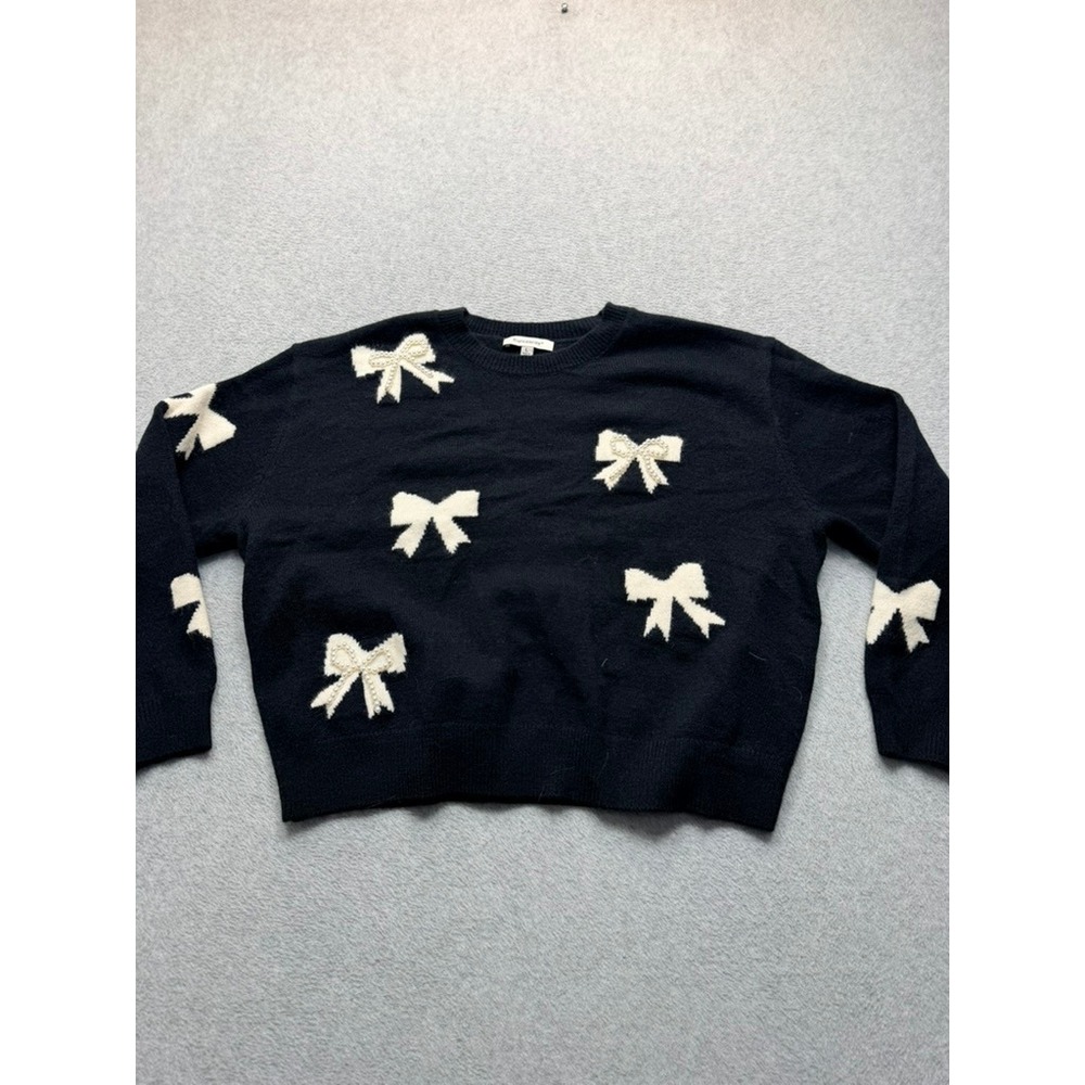 Francescas Womens Black Bow Intarsia Faux Pearl Embellished Crewneck Sweater L